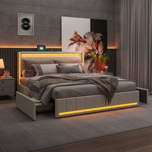 Polsterbett 140x200cm mit USB und Steckdosen, Jugendbett Doppelbett mit 4 Schubladen, Stauraumbett Massivholzbett mit LED/Typ C und Lattenrost, Leinen