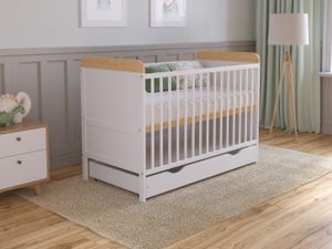 Babybett Beistellbett 120x60 cm mit Schublade & Matratze - Kinderbett Gitterbett Baby Bett Holz Weiß-Kiefer,Umwandelbar in Juniorbett