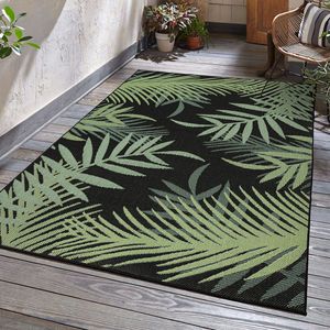 Teppich Flachgewebe für Terrasse Balkon Küche In- und Outdoor Palmenmotiv Grün Schwarz, Farbe:Schwarz, Maße:60x100 cm
