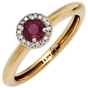 JOBO Damen Ring 585 Gold Gelbgold teilrhodiniert 18 Diamanten Brillanten 1 Rubin rot Größe 60