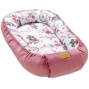 JUKKI® Baby Nestchen 100x55cm bis zu 9 Monaten SAMT [Summer Dream & Pink] Babybett Reisebett Kokon Babynest Kuschelnest Nest