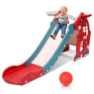 Fiqops Kinderrutsche Rutsche Gartenrutsche 4-in-1 Kinder Spielplatz mit Basketballkorb Wurfring Englisch-Lerngerät Rot