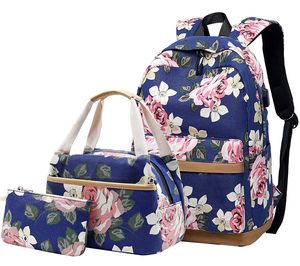 Schulrucksack Mädchen Teenager Damen Schultasche Canvas Schulranzen Set Blumen Rucksack für Mädchen Schule Freizeit mit Lunchpaket Tasche und Mäppchen