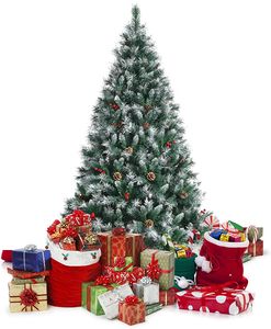 180cm Weihnachtsbaum mit Schnee & roten Beeren & Tannenzapfen, künstlicher Tannenbaum mit 644 Zweigen & Metallständer, Christbaum mit Schnee-Effekt, für drinnen und draußen