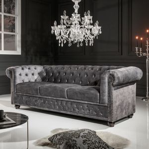 Chesterfield 3er Sofa 205cm grau Samt mit Knopfheftung und Federkern