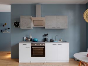 respekta Küche Küchenzeile Einbauküche Küchenblock Komplett 210 cm weiß Beton