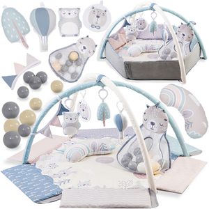MoMi PASTEL Spielbogen mit Krabbelmatte und Bällchenbad für Babys ab Geburt - Sensorische Aktivitätsmatte mit Spielzeugen und Krabbelkissen