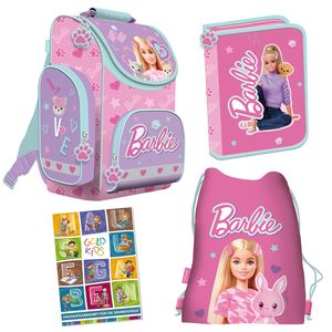 Schulranzen für Mädchen, 4er-Set - Schul-Rucksack für Kinder mit Federmäppchen - Schuhbeutel und Hausaufgabenheft - Barbie Motiv