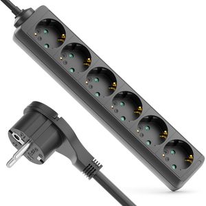 deleyCON 6 Fach Steckdosenleiste mit Flachstecker Stromleiste für Innenbereich 1,4m Kabel Flachkontakt-Stecker Robustes Kunststoffgehäuse Schwarz