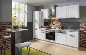 Landhaus Küchenblock mit Glaskeramik Kochfeld und Geschirrspüler Matrix 280 cm in Lacklaminat weiss