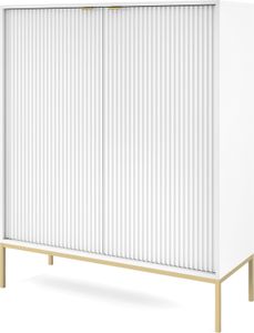 DomoHome Komoda z wysokim ożebrowaniem NOVA - 2 drzwi Komoda ze złotymi uchwytami Kolor: Biały Komoda Glamour na złotych nóżkach 125x104x39cm - Elegancki mebel do salonu