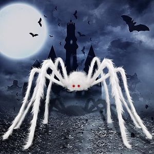 Weiße Riesenspinne für Halloween, 150 cm große haarige Spinnen, realistische große künstliche haarige Spinnen-Requisiten für Halloween-Dekorationen für drinnen und draußen