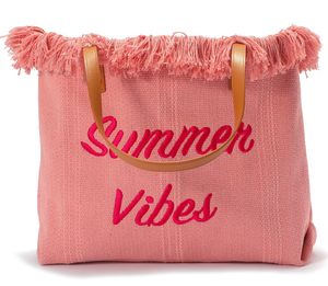 Große Canvas Strandtasche mit Fransen und Schriftaufzug „Summer Vibes“ - Rosa