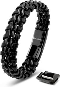 SERASAR | Lederarmband für Herren [Steel] mit doppel Edelstahl und Magnetverschluss | Farbe: Schwarz | Länge: 23cm