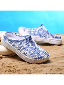 Damen Clogs Runde Zehen Hausschuhe Sommer Hohl Latschen Strandschuhe Flach Pantoffeln Blau,Größe 42