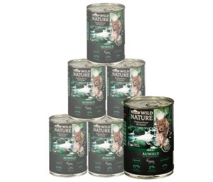 Dehner Wild Nature Katzenfutter Auwald, Nassfutter getreidefrei / zuckerfrei, für ausgewachsene Katzen, Hirsch / Truthahn, 6 x 400 g Dose (2.4 kg)