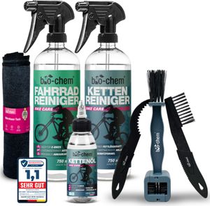 bio-chem Fahrrad Reinigungsset PROFI 7-teilig - Effektives & materialschonendes Pflegeset: 1x Fahrradreiniger 750ml + 1x Kettenreiniger 750ml + 1x Kettenöl 100 ml + 3x Reinigungsbürste