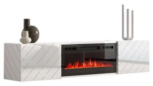 MIRJAN24 TV-Lowboard Luxe mit Kamin, zwei Drehtüren, Realistische LED-Flamme, Gehärtetes Glas, 180x33x39 cm (Farbe: Weiß / Weiß Hochglanz + Schwarz Hochglanz)