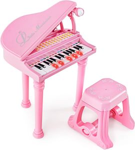 COSTWAY 31 Tasten Kinder Keyboard mit Hocker, Elektronische Klaviertastatur mit mit Mikrofon, LED-Lehrmodus, tragbares Spielzeugklavier Musikinstrument für Kinder ab 3 Jahre (Rosa)