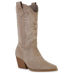 VAN HILL Damen Cowboystiefel Stiefel Stickereien Schuhe 840142, Farbe: Khaki Velours, Größe: 39