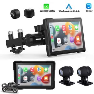 5 Zoll Motorrad GPS Navigation,Kabelloser CarPlay Android-Auto Bildschirm, Dual-Bluetooth-Touchscreen mit Dashcam vorn und hinten, Reifendrucksensor