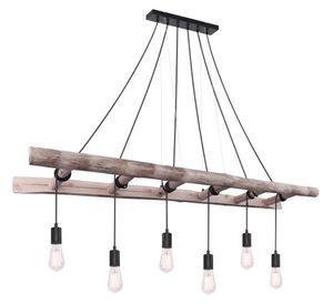 Globo Lighting Hängeleuchte Holz naturfarben, Metall schwarz, Kabel PVC Schwarz, Kabel schwarz, zum Herumwickeln, LxBxH: 1600x300x1920mm, exkl. 6x E27 60W 230V