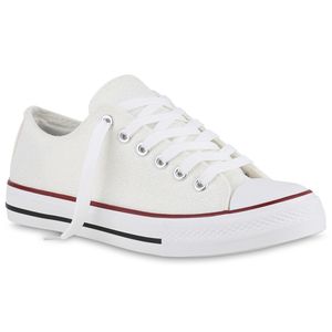 VAN HILL Damen Sneaker Low Flache Stoff Schnürer Bequeme Glitzer Schuhe 840386, Farbe: Weiß, Größe: 37