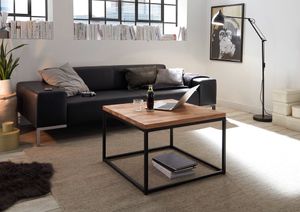 Couchtisch Sakura 70x70cm Eiche massiv geölt Wohnzimmer Tisch im Industriedesign mit Metall schwarz