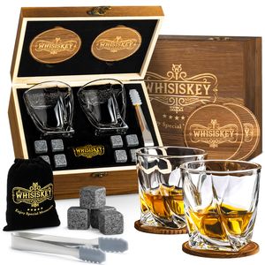 Whisiskey - Whiskygläser Set - Whisky Zubehör Set – 2 Twisted Whisky Gläser - 8 Whisky Steine - Eiswürfel Wiederverwendbar - Geschenke für Männer – Inkl. Zange & 2 Untersetzer