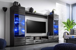Wohnwand MODIC Anbauwand Wohnzimmer - Set Vitrine Lowboard schwarz Hochglanz mit LED Beleuchtung 260 cm