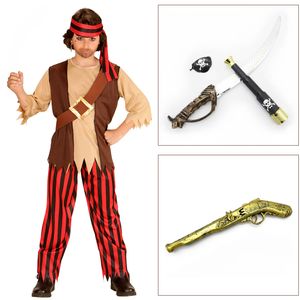 Kinder Piraten Komplett-Set (Kostüm, Säbel, Fernrohr, Augenklappe und Pistole) Größe 158