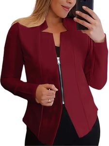 Damen Blazer Langarm Casual Business Jacken Strickjacke Bluses Leicht Outdoor Mantel Burgund - Reißverschluss,Größe XL