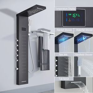 LED svetlo Sprchový kohútik Kúpeľňa SPA Masážny tryskový sprchový stĺp Systém vodopádu Dažďový sprchový panel Bidet Sprayer Tap, čierny