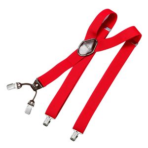 DonDon Herren Hosenträger 3,5 cm breit 4 Clips mit braunem Leder in Y-Form elastisch und längenverstellbar - rot