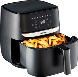 MEDION E50 XL Heißluftfritteuse (5,7 Liter, Airfryer, ca. 1700 Watt, Digitales Bedienfeld, 8 Automatikprogramme, ölfreies Frittieren, 30 Min Timer, Überhitzungsschutz, MD10532) schwarz