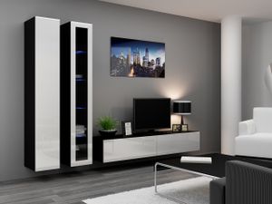 Wohnwand Wohnzimmer - Set Schrankwand VIGO 3C schwarz / weiß hochglanz 3tlg mit hängendem TV-Schrank hängende Vitrinen Hängeschrank 260cm breit