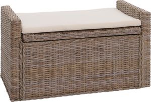 Aufbewahrungstruhe Genua, Truhe Sitzbank Garderobenbank, Kissen Kubu Rattan 88cm  grau-braun