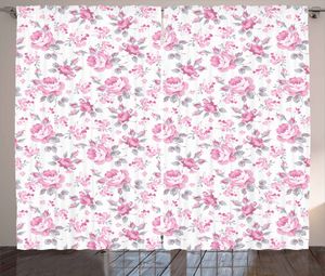 ABAKUHAUS Shabby Chic Rustikaler Vorhang, Rosa Rosen Frühling, Wohnzimmer Universalband Gardinen mit Schlaufen und Haken, 280 x 175 cm, Pale Pink Weiß Grau