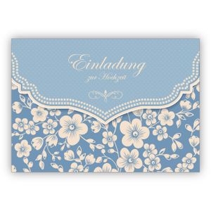 4x Schöne Hochzeits Einladungskarte mit Retro Kirschblüten Muster für Brautpaare, hellblau: Einladung zur Hochzeit