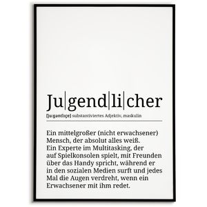 Jugendlicher Poster Definition - Teenager Jugendweihe Geschenk Wandbild – A4 (21x29.7cm) / schwarzer Bilderahmen