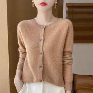 Warme, weiche Damen-Strickjacke mit Rundhalsausschnitt, L, Fleisch braun