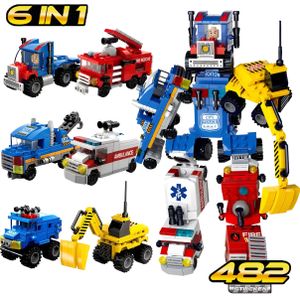 QuchiQ™ 6 in 1 Transformers Roboter spielzeug, Baukästen Polizei und Feuerwehrauto Spielzeug, Spielfigurensets 482 Bausteine, Wandelbares Actionfigur.