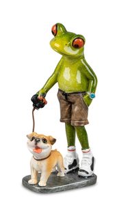Deko Frosch Mann mit Hund Bulldogge Lurch Gecko Echse Mops Figur Skulptur König