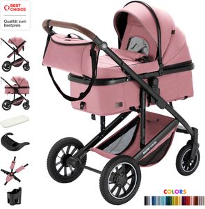 Daliya® FLEXI-PRO M 2in1 Kombikinderwagen Buggy Sportwagen Reise-Kinderwagen Leichter Babywagen Klappbar mit Liegefunktion Höhenverstellbar Umbaubar mit großem Einkaufskorb Sicher & Komfortabel für Stadt Reisen Neugeborene & Kleinkinde (Rosa Leinen)