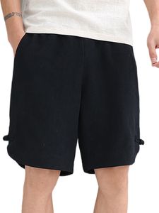 Männer Leinen Minihosen Taschenkleidung Chinesischer Stil Elastic T-Sommer Kurzhose Schwarz,Größe:5Xl