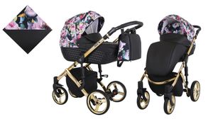 Kinderwagen TIARO PREMIUM Sportwagen Babywagen Babyschale Komplettset Kinder Wagen Set 2 in 1 (Schwarz mit Blumen, Rahmenfarbe: Gold)