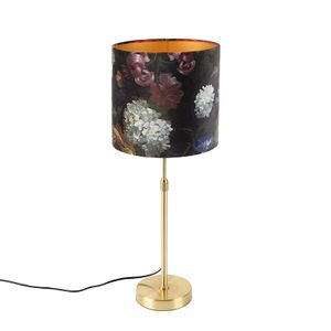 QAZQA - Klassisch I Antik Tischlampe Gold I Messing I Messing mit Veloursschirm Blumen 25 cm - Parte I Wohnzimmer I Schlafzimmer I Nachttischleuchte - Textil Zylinder I Länglich I Rund - LED geeignet