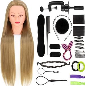 Trainingskopf mit Tischklemme und Styling-Zubehör - Friseurkopf – Übungskopf Friseur –Puppenkopf - Blondes Haar - 70 cm