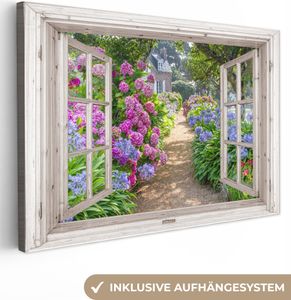 Leinwand Bilder 120x80 cm - Fensterblick - Hortensie - Blumen - Sommer - Lila - Weg, Bilder, Wanddeko, Wandbilder Wohnzimmer