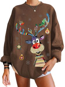 Damen Sweatshirts Weihnachtspulli Weihnachten Elch Langarm Winter Pullover Loses Pulli Top Coffee,Größe:Xl
